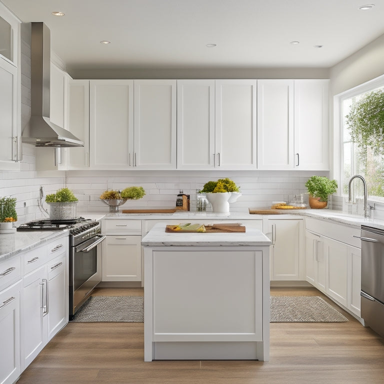 A bright, modern kitchen with sleek white cabinets, stainless steel appliances, and a minimalist island featuring a built-in spice rack, pull-out trash can, and a compact sink.