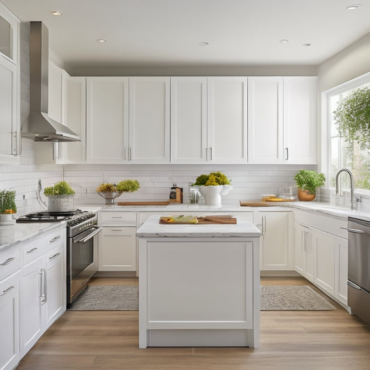 A bright, modern kitchen with sleek white cabinets, stainless steel appliances, and a minimalist island featuring a built-in spice rack, pull-out trash can, and a compact sink.