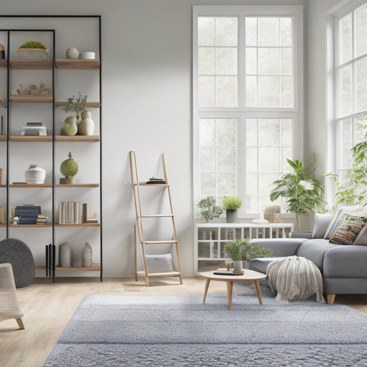 A serene, minimalist living room with a floor-to-ceiling, ladder-accessed bookshelf, floating decorative shelves, and a geometric-patterned rug, surrounded by a few, carefully-placed decorative objects.