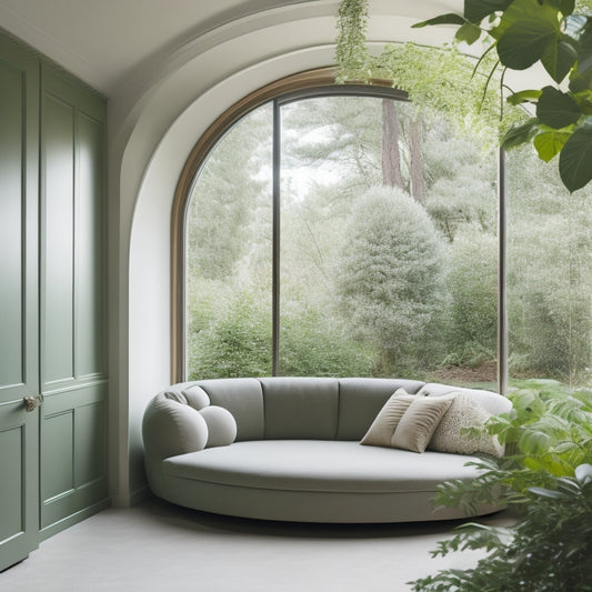 A serene, minimalist studio with a plush, rounded daybed nestled against a floor-to-ceiling window, surrounded by lush greenery and a few, carefully-placed decorative objects in a soothing color palette.