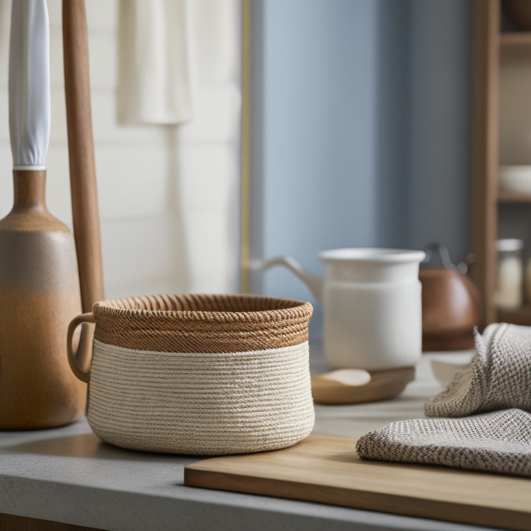 A tidy kitchen countertop with a wooden utensil holder, a ceramic vase filled with cooking spoons, and a woven basket containing a neatly rolled tea towel, set against a soft, creamy background.