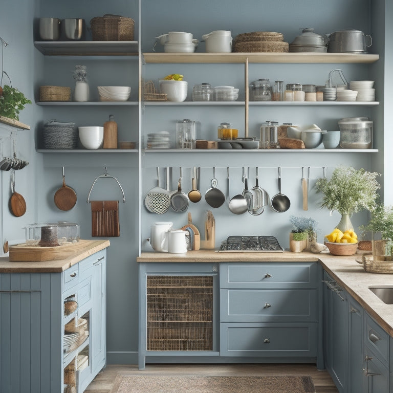 A tidy, compact kitchen with a mix of open shelving and cabinets, featuring a utensil organizer on the side of a cabinet, a hanging pot rack, and a spice carousel on the countertop.