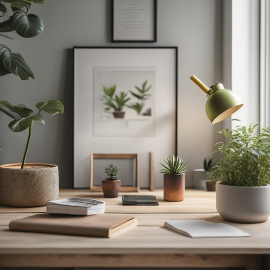A serene, minimalist workspace with a wooden desk, a small potted plant, and a few neatly arranged folders, surrounded by calm, natural colors and soft, warm lighting.