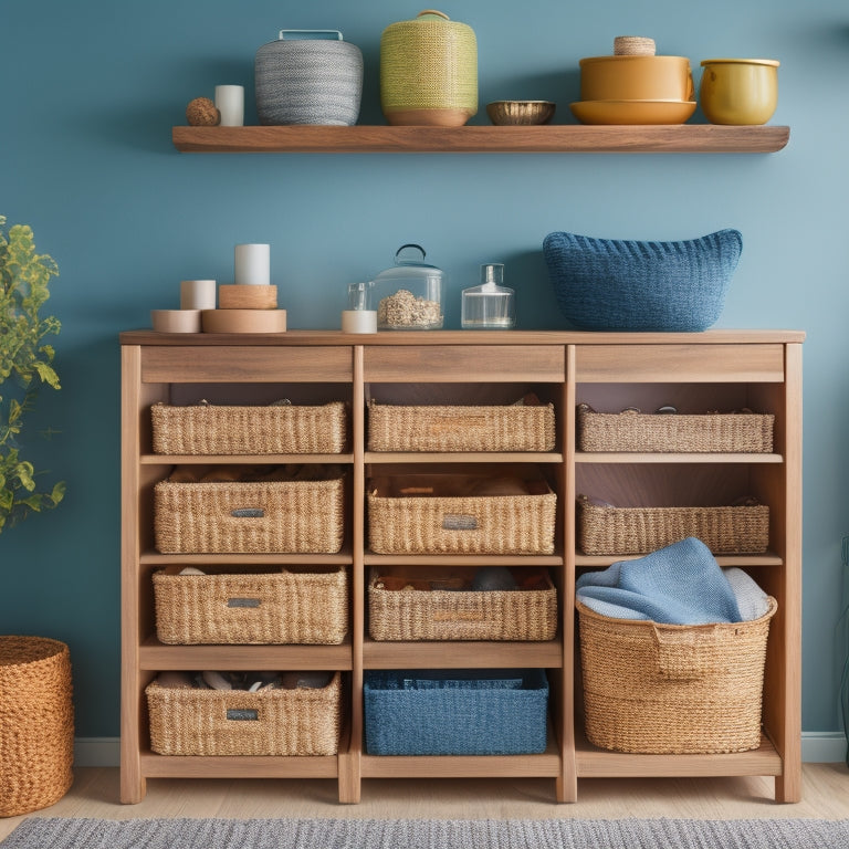 A tidy dresser with 10 distinct storage compartments, each showcasing a unique hack: woven baskets, velvet-lined trays, stackable containers, and more, in a calming color palette with natural wood accents.