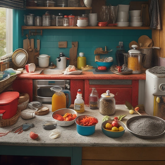 A cluttered kitchen with countertops overflowing with kitchen gadgets, dirty dishes, and expired food, surrounded by worn-out cabinets and a messy sink area with soap suds and water spots.