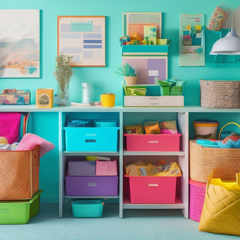 A cluttered room with colorful, mismatched storage bins, scattered papers, and tangled cords, transformed into a tidy space with labeled baskets, a pegboard, and a desk organizer, amidst a subtle background of calming pastel hues.