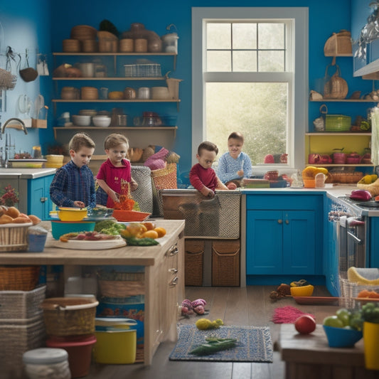 A busy kitchen with multiple children of different ages gathered around a central island, surrounded by various colorful storage bins, baskets, and shelves maximizing counter space.