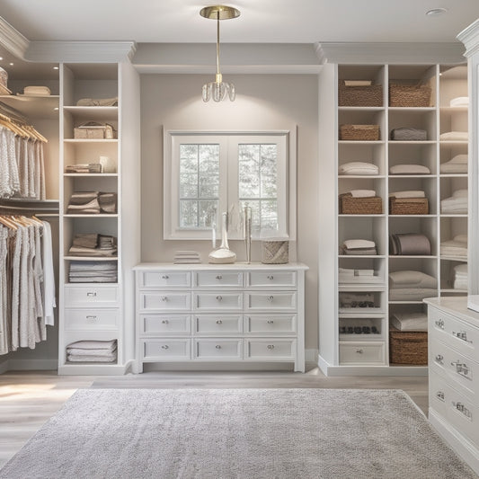 A serene, well-lit master closet with a neutral color palette, featuring a mix of open shelving, drawers, and hanging rods, organized by type and color, with a few stylish outfits displayed on a central island.