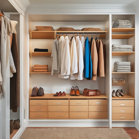 A tidy, walk-in closet with cream-colored walls and dark wood flooring, featuring a sturdy carbon steel organizer system with sleek, silver hardware and spacious shelves for folded clothes and shoes.