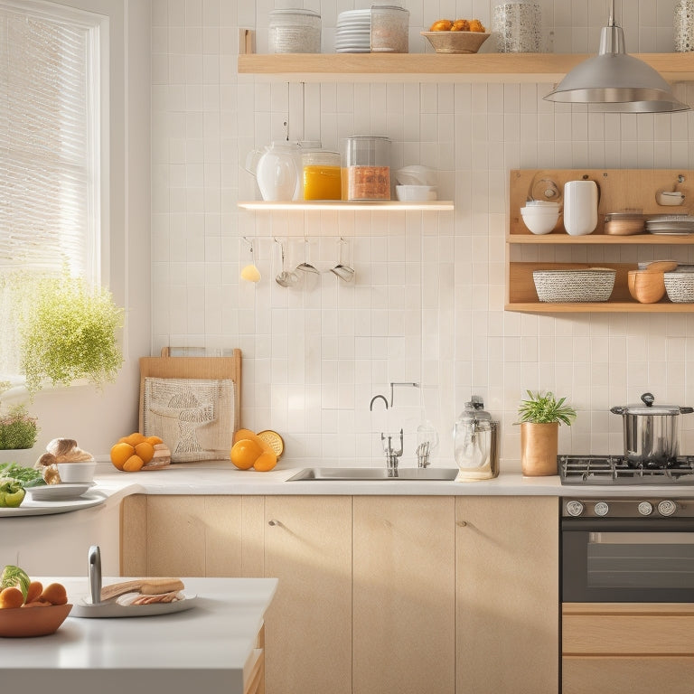 A bright, modern kitchen with sleek countertops, a tidy utensil organizer, and a utensil-lined pegboard above a minimalist breakfast bar, surrounded by warm, natural light.