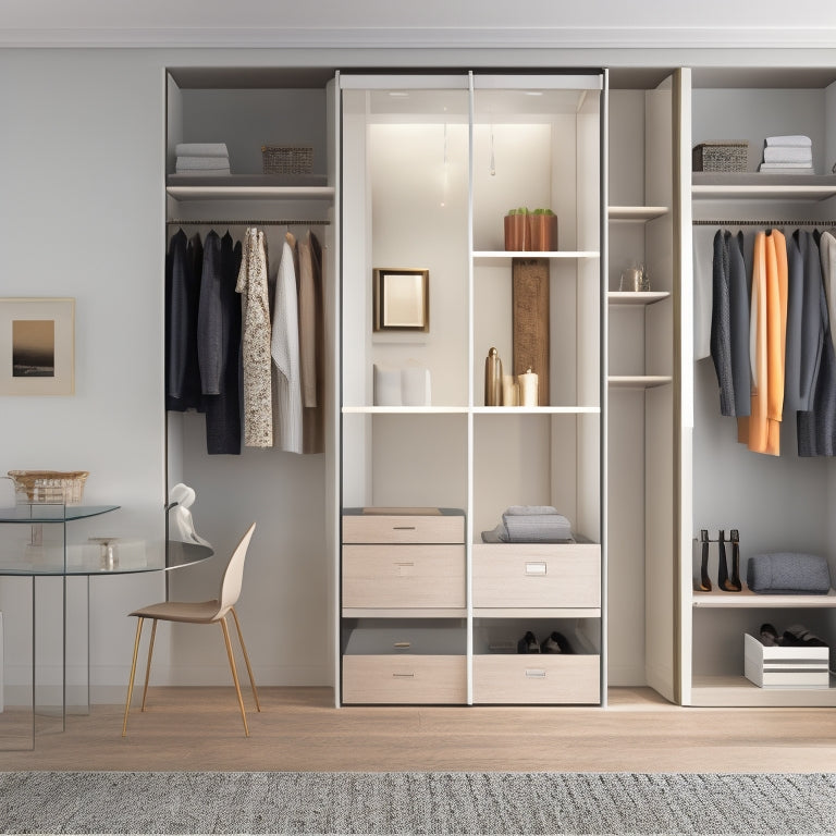 A minimalist illustration of a stylish walk-in closet with sliding glass doors, showcasing a mix of shelves, drawers, and hanging rods, with a tablet or laptop in the foreground, displaying a custom 3D closet design.