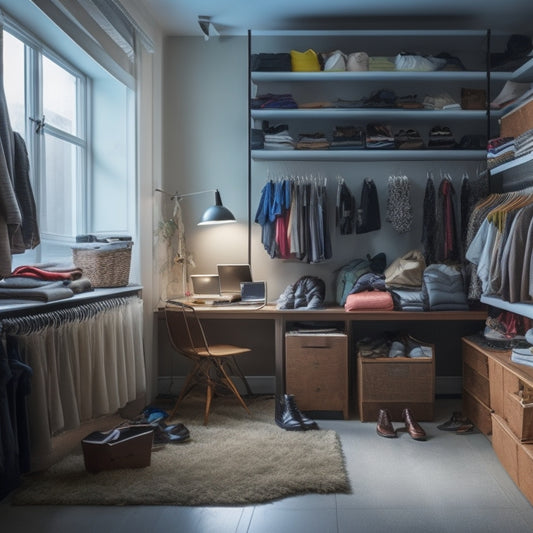 A cluttered, cramped studio apartment with clothes spilling out of an open closet, shoes scattered on the floor, and a small desk buried under papers, contrasted with a sleek, minimalist shelving unit in the corner.