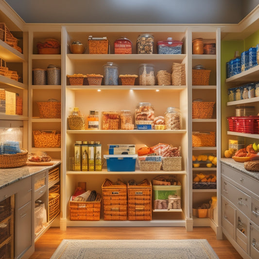 A well-organized pantry with adjustable shelves, baskets, and containers, showcasing a variety of stored food items, cookbooks, and kitchen utensils, illuminated by soft, warm lighting.