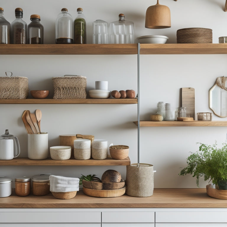 A serene, minimalist kitchen with a few, carefully placed, modern vegan cookbooks on a wooden shelf, adjacent to a tidy, pull-out spice rack and a few, artfully arranged, woven baskets.