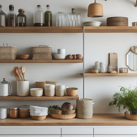 A serene, minimalist kitchen with a few, carefully placed, modern vegan cookbooks on a wooden shelf, adjacent to a tidy, pull-out spice rack and a few, artfully arranged, woven baskets.