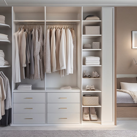 A serene, airy closet with sleek, modern Salice storage accessories: soft-close drawers, minimalist shelves, and a floor-to-ceiling cabinet with subtle LED lighting, surrounded by neatly organized clothes and shoes.