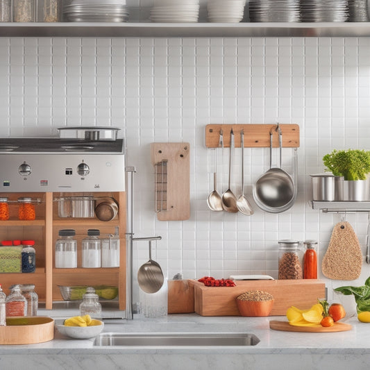 A clean and modern kitchen with a stainless steel island, utensils organized on a pegboard, a labeled spice rack, and a meal prep area with portioned containers and a kitchen scale.