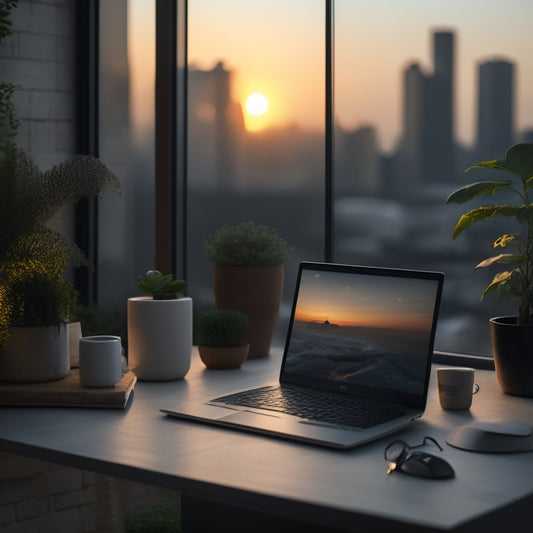 A serene, minimalist workspace with a sleek laptop, a few organized folders, and a small potted plant, set against a calm, blurred cityscape background at dawn or dusk.