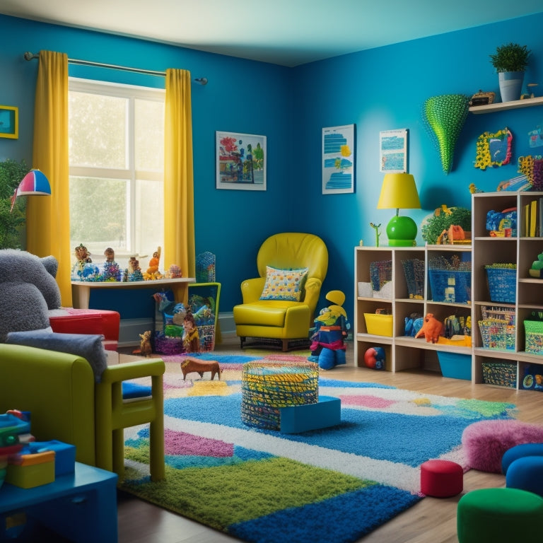 A colorful, clutter-free playroom with a happy child with ADHD, surrounded by organized toys and learning tools, with a subtle background of a calm, natural environment, like a park or forest.