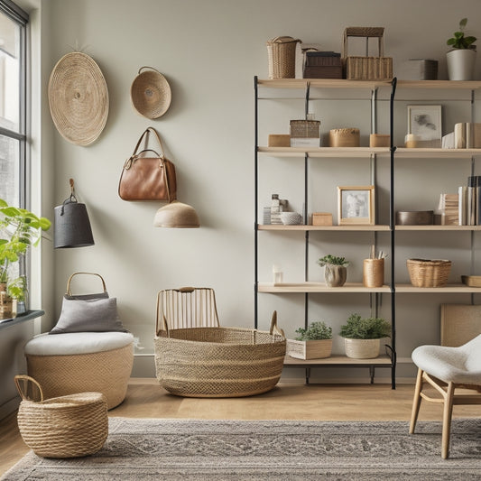 A tidy, minimalist living room with a few, carefully-placed organizing tools: a wooden shelf with woven baskets, a desk with a metal tray, and a wall-mounted hook with a few, neatly-hung items.