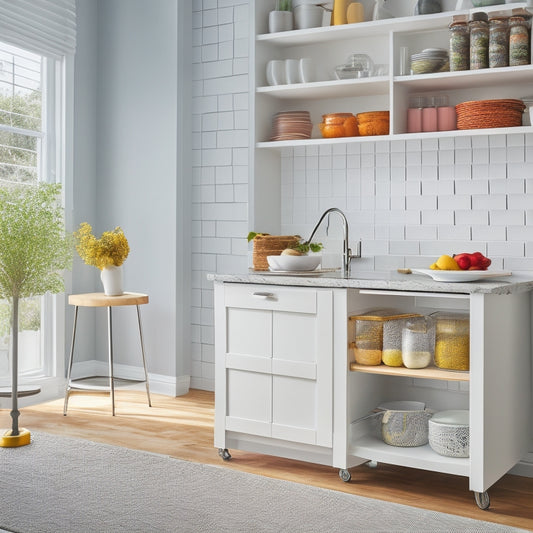 A bright, modern kitchen with a sleek, white kitchen cart featuring multiple drawers, a spice rack, and a built-in utensil holder, situated against a light-gray backsplash with minimalist decor.