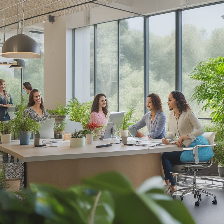 A bright, airy office with a diverse group of women sitting at ergonomic desks, surrounded by lush greenery and natural light, with reusable water bottles and energy-efficient lamps.