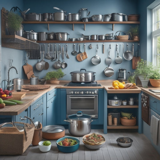 A cluttered kitchen scene with pots and pans scattered across countertops, a messy island, and a disorganized cooktop, contrasted with a tidy pot and pan station in the corner, with utensils and cookware neatly organized and hanging from hooks.