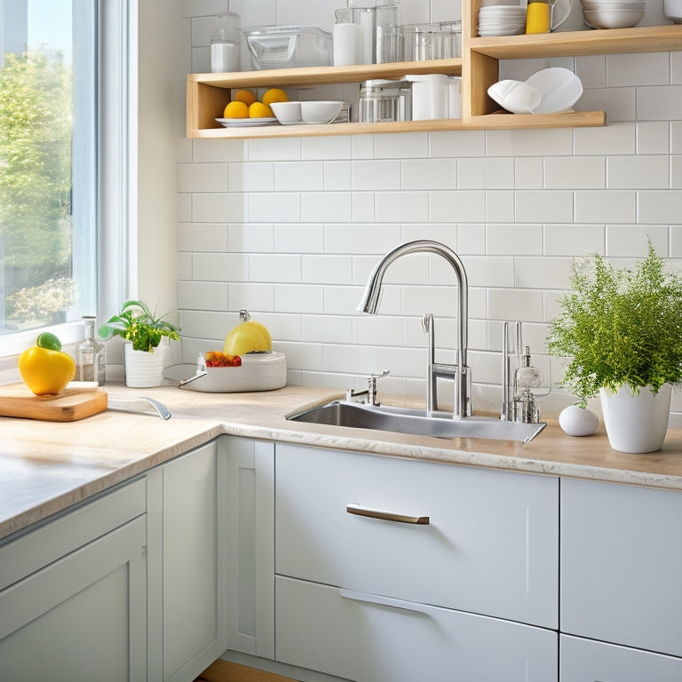 A bright, organized corner kitchen with a sleek, white countertop, a stainless steel sink, and a minimalist faucet, featuring a tidy utensil organizer, a pull-out trash can, and a built-in spice rack.