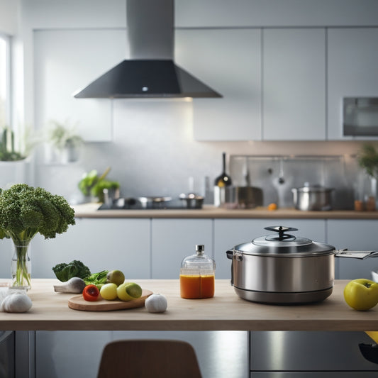 A sleek, modern kitchen with a stainless steel robotic arm effortlessly chopping vegetables on a wooden cutting board, surrounded by automated cooking devices and a blurred background of culinary delights.