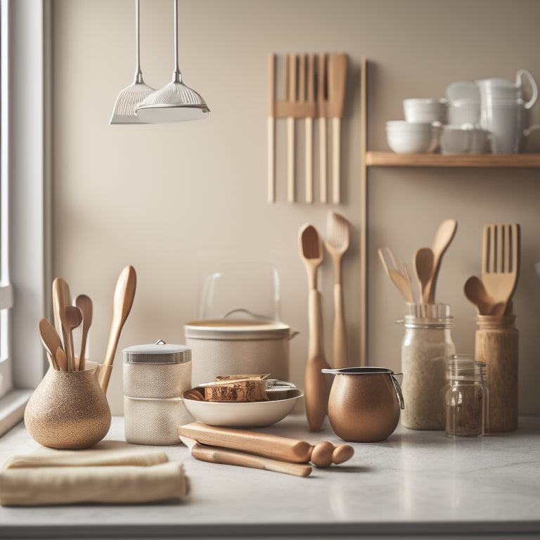 A tidy kitchen countertop with a wooden utensil organizer holding neatly arranged spoons, spatulas, and whisks, against a warm beige background with minimal shadows and soft, natural light.
