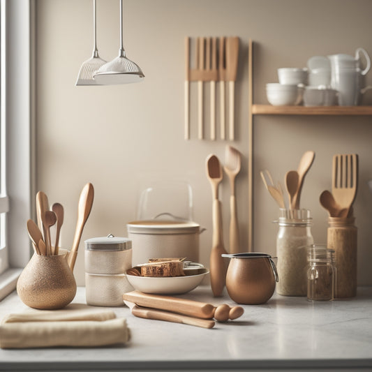 A tidy kitchen countertop with a wooden utensil organizer holding neatly arranged spoons, spatulas, and whisks, against a warm beige background with minimal shadows and soft, natural light.