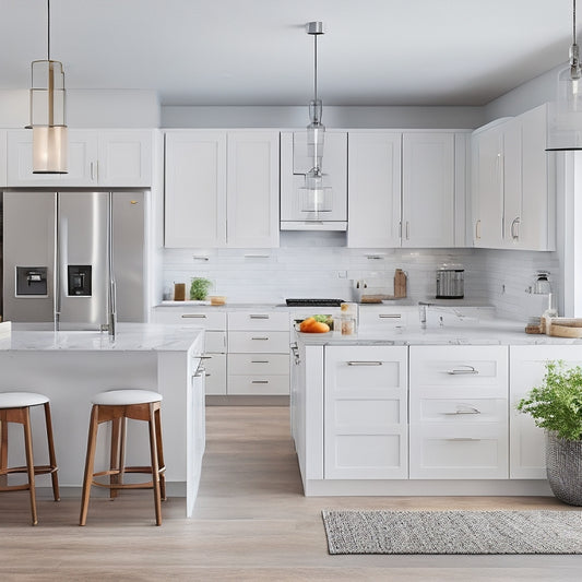 A modern kitchen with a sleek, white island featuring overhead storage compartments with glass doors, pendant lights, and a wooden countertop, surrounded by stainless steel appliances and a neutral-toned background.