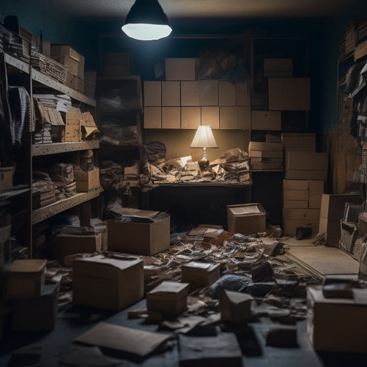 A dimly lit, cluttered storage room with boxes stacked haphazardly, a broken shelf, and a few scattered items on the floor, with a faint outline of a puzzle piece missing from the wall.