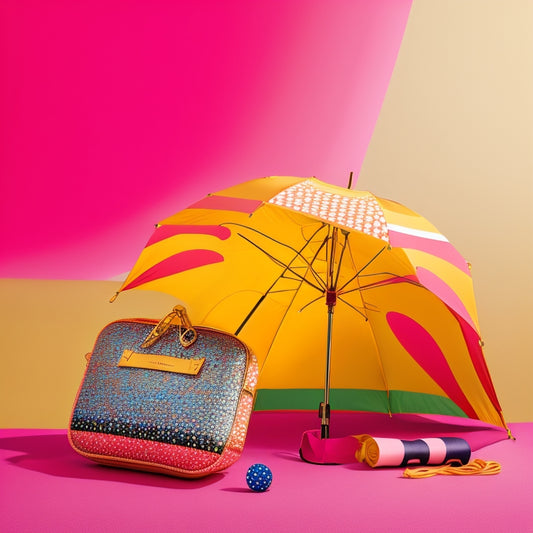 An abstract composition featuring intertwined threads of Coach's signature C pattern, Kate Spade's colorful polka dots, and Stuart Weitzman's elegant stripes, forming a cohesive, harmonious whole under a subtle, gradient umbrella silhouette.