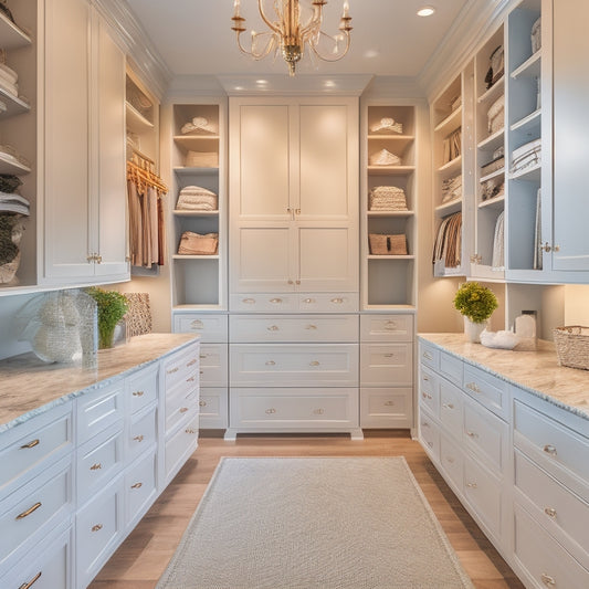 A serene master bedroom closet with a mix of open shelves, cabinets, and drawers in a calming white and gray color scheme, featuring a central island with a built-in jewelry organizer.