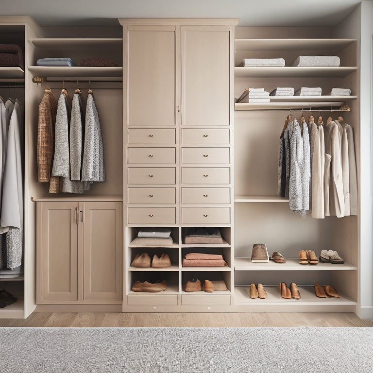 A serene, minimalist closet interior with soft, warm lighting, featuring custom-built shelves, drawers, and rods in a calming wood tone, organized with neatly folded clothes and accessories.