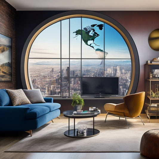 A modern living room with a large, curved, wooden wall installation displaying a customized, brightly colored city map with bold black outlines and subtle, gradient shading.