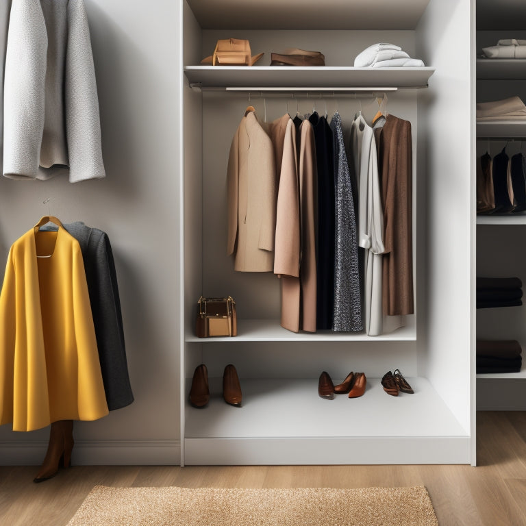 A minimalist illustration of a smartphone displaying a custom closet design app, surrounded by scattered clothes, shoes, and accessories, with a sleek, modern closet in the background.