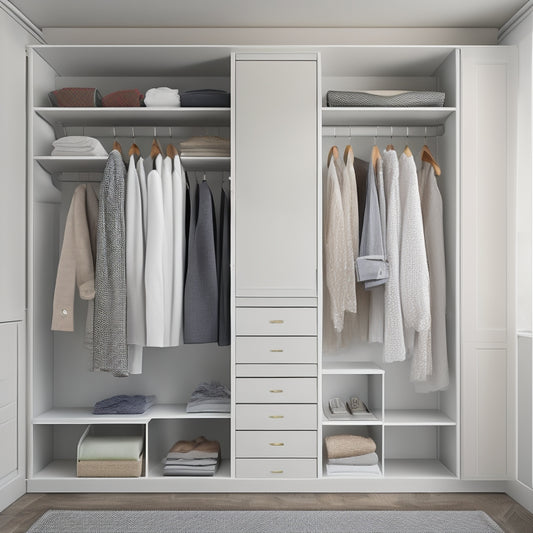 A tidy closet interior with three adjustable shelves, one double rod, and a built-in shoe rack, all made of white melamine, set against a soft, light gray background.