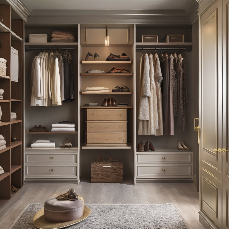 A luxurious, walk-in closet with cream-colored walls, dark wood shelves, and a velvet ottoman, featuring a mix of neatly hung garments, folded sweaters, and sleek storage bins, under soft, golden lighting.