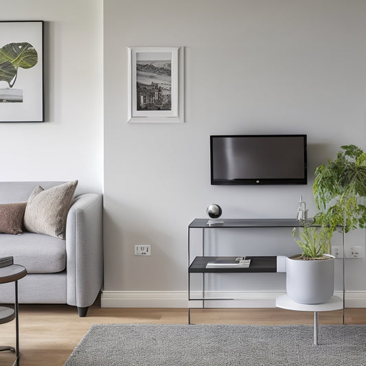 A tidy, modern living room with a sleek, silver wall-mounted gadget station featuring a smartphone dock, tablet holder, and key hooks, surrounded by minimalist decor and plenty of negative space.