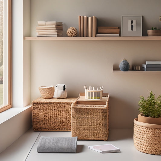 A minimalist room with a sleek, wooden desk, a woven basket filled with neatly rolled papers, and a geometric bookshelf with colorful storage bins, set against a soft, creamy background.