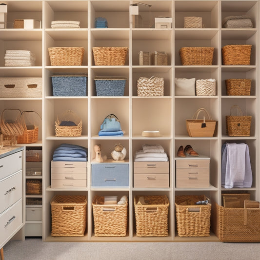 A beautifully organized closet with multiple shelves, drawers, and rods, featuring a variety of storage containers in different shapes, sizes, and materials, such as woven baskets, clear plastic bins, and wooden crates.