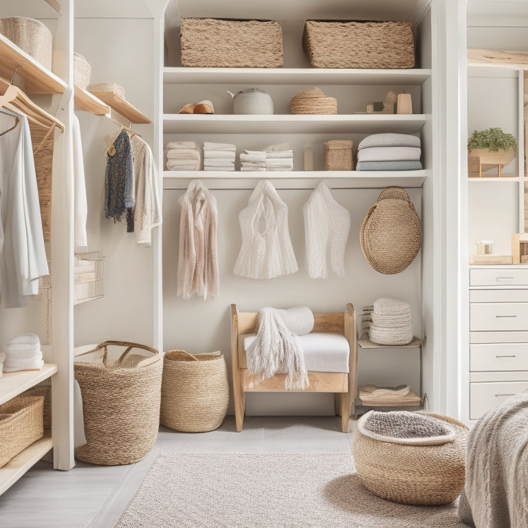 A serene, well-organized closet interior with soft, natural lighting, featuring a mix of repurposed crates, woven baskets, and DIY shelves in a soothing color palette of whites, woods, and pastels.