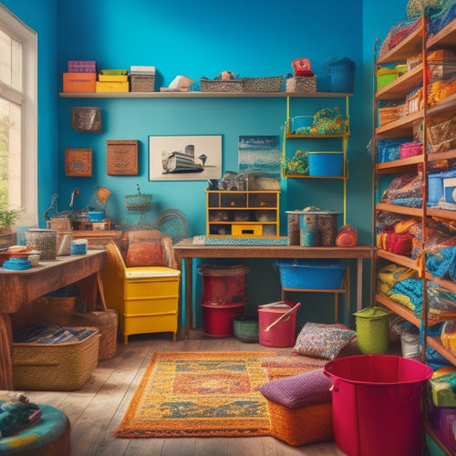 A cluttered room with scattered items, transforming into an organized space with colorful bins, stacked crates, and repurposed furniture, showcasing creative storage solutions.