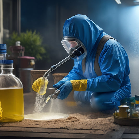 An illustration of a person wearing protective gear, including gloves, goggles, and a mask, standing in a well-ventilated area, carefully pouring a pesticide from a labeled bottle into a sprayer.