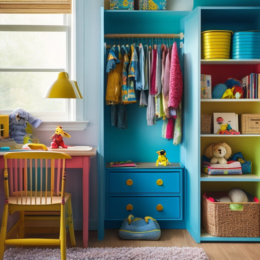 A tidy, sunlit kid's closet with a double rod, colorful bins, and shelves, featuring a few favorite toys and books, and a small, wooden desk with a built-in chair.