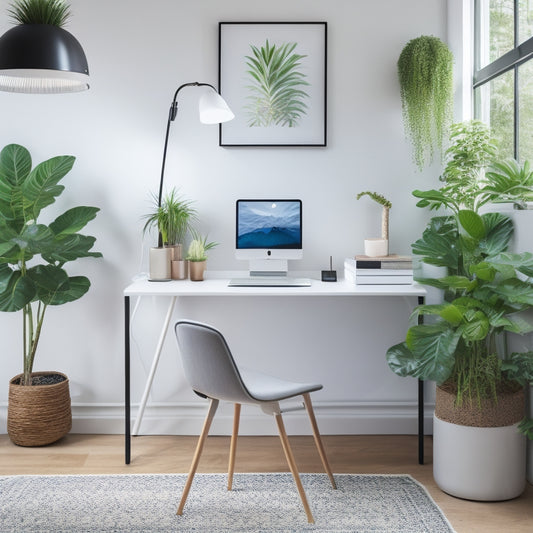 A minimalist, modern workspace featuring a sleek, white IKEA desk with a built-in cable management system, surrounded by a few carefully placed potted plants and a geometric-patterned area rug.