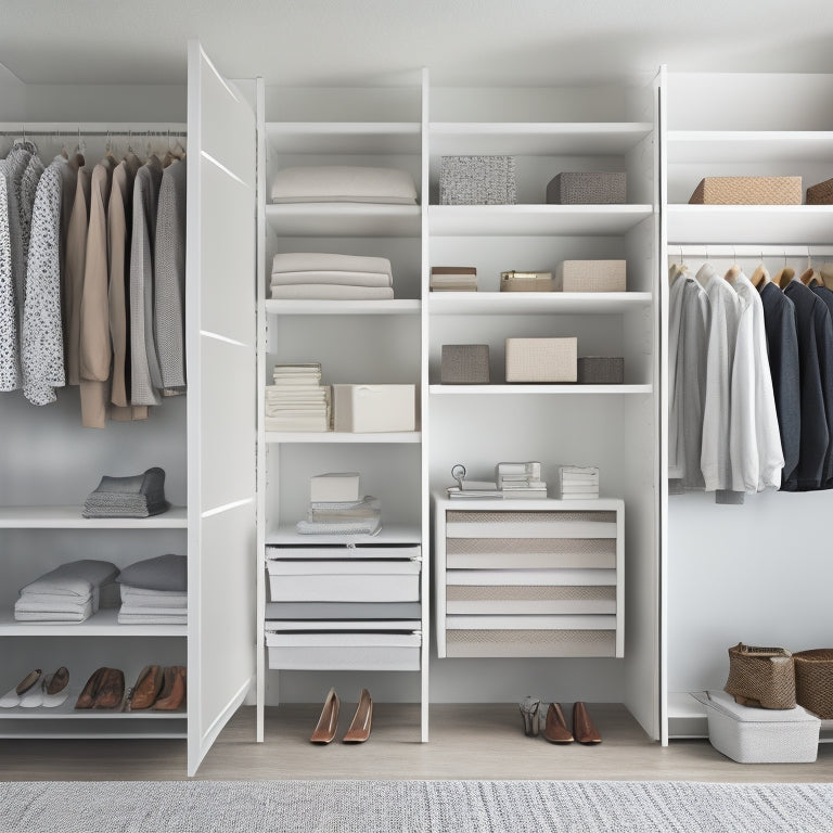 A serene, well-lit closet interior with sleek, white shelves and rods, featuring neatly folded clothes, organized shoes, and a few stylish storage bins against a soft, light-gray background.