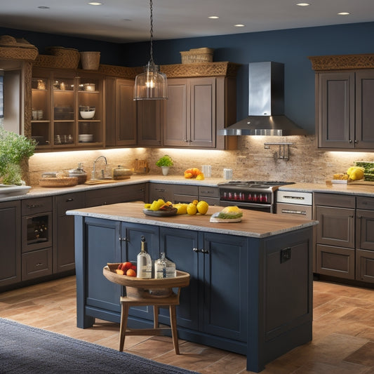 A well-lit, modern kitchen with a large, L-shaped island featuring built-in drawers, a utensil organizer, a built-in wine rack, and a butcher-block countertop with a few decorative kitchen accessories.